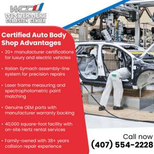 Interior of Windermere Collision Center with technicians working on a vehicle. The ad lists certified auto body shop advantages, including 20+ manufacturer certifications and Italian Symach assembly-line system.