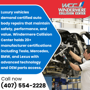 Windermere Collision Center technician working on a luxury vehicle's wheel well. The ad mentions their 20+ manufacturer certifications for luxury brands like Tesla, Mercedes, BMW, and Lexus.