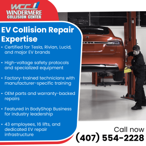 Windermere Collision Center technician inspecting a red Tesla Model S. The ad outlines their EV collision repair expertise, including certifications for Tesla, Rivian, and Lucid.